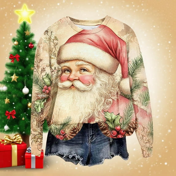 Fartey Plus Size Crewneck Sweatshirt for Women Loose Casual Long Sleeve Pullover Tops Fashion Christmas Santa Graphic Sweatshirts Holiday Outfits Pink XL