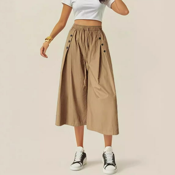 Fartey Plus Size Cropped Wide Leg Pants for Women Fashion Elastic High Waist Button Capri Pants with Drawstring Summer Loose Flowy Solid Color Palazzo Pants