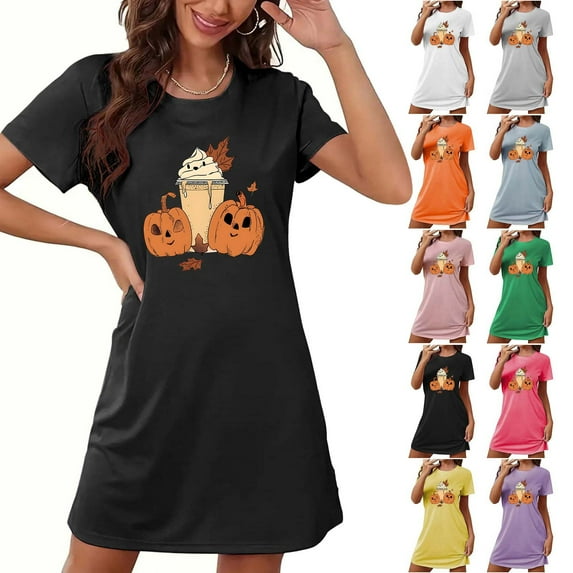 Fartey Plus Size Graphic Nightgowns for Women Soft Comfy Short Sleeve Crew Neck Pajamas Cute Halloween Print Sleepwear Loose Casual Short Nightdress Black M