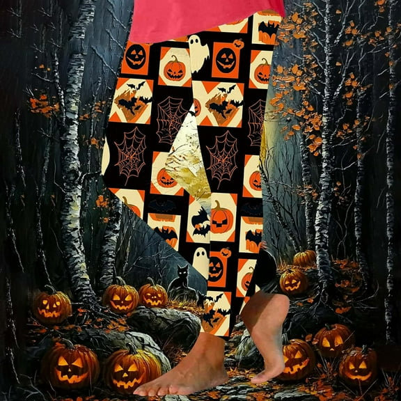 Fartey Plus Size Halloween Leggings for Women Casual High Waisted Hip Lifting Yoga Pants Funny Ghost Print Legging Soft Stretchy Workout Tights Multicolor M
