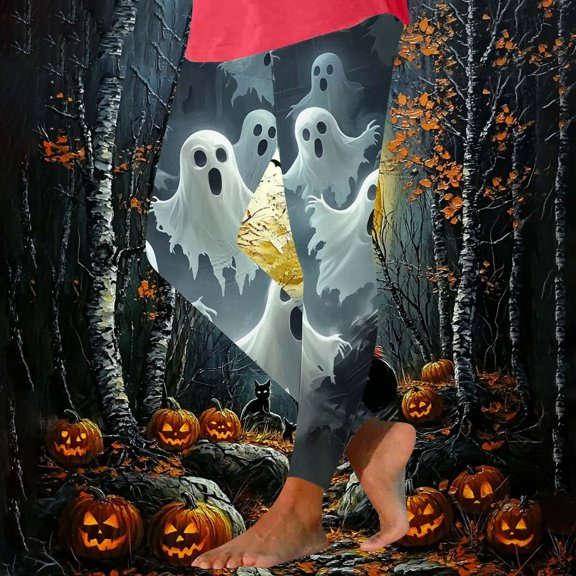 Fartey Plus Size Halloween Leggings for Women Funny Ghost Print Yoga Pants Tummy Control High Waisted Hip Lifting Pants Soft Stretchy Workout Tights Multicolor 3XL