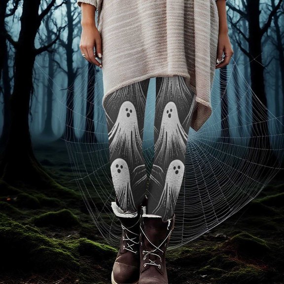 Fartey Plus Size Halloween Leggings for Women Funny Ghost Printed Jogger High Waisted Stretchy Workout Yoga Pants Gray 2XL