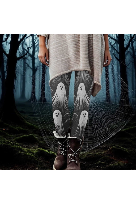 Plus Size Halloween Leggings for Women Funny Ghost Printed Jogger High Waisted Stretchy Workout Yoga Pants Gray 3XL