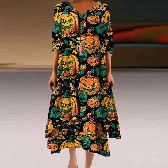 Fartey Plus Size Halloween Maxi Dresses for Women 2025 Pumpkin Print Dress Loose Flowy Irregular Layered Hem Dress Fashion Fall Button V Neck 3/4 Sleeve Festival Dresses
