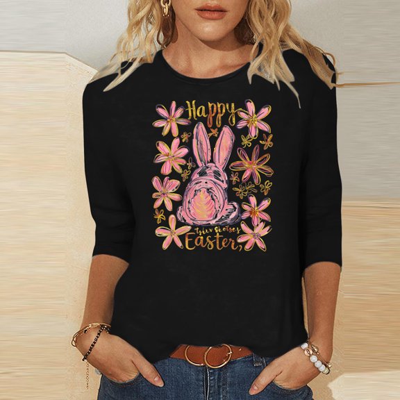 Fartey Plus Size Happy Easter Shirts for Women 2025 Trendy Crew Neck 3/4 Sleeve Tunic Tops Cute Bunny Printed Graphic Tees Dressy Casual Holiday Blouses Black S-5XL