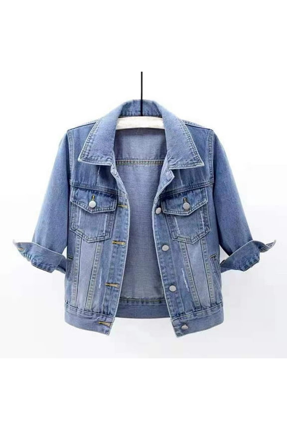 Plus Size Jean Jacket for Women Trendy Casual 3/4 Sleeve Short Denim Jacket Basic Lapel Button Down Cropped Coat with Pockets 2025