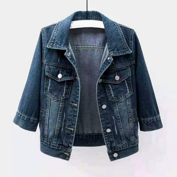 Fartey Plus Size Jean Jacket for Women Trendy Casual 3/4 Sleeve Short Denim Jacket Basic Lapel Button Down Cropped Coat with Pockets 2025