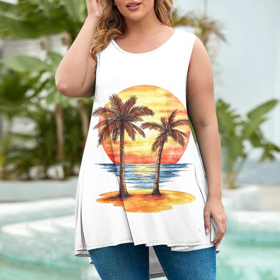 Fartey Plus Size Long Tank Tops for Women Trendy Hawaiian Printed Camis Top Loose Casual Crew Neck Sleeveless Undershirts Summer Flowy High Low Hem Tanks Yellow L