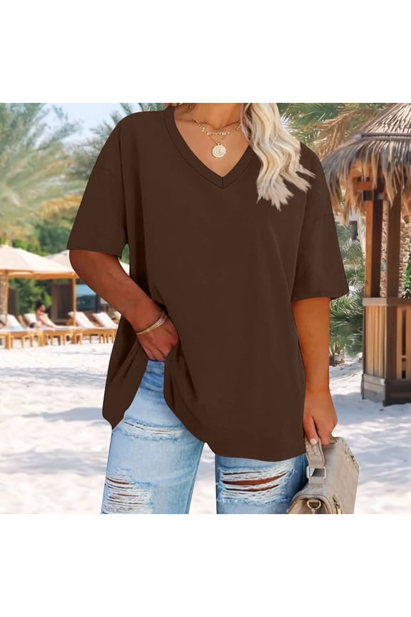Plus Size Oversized T Shirts for Women 2025 Summer Half Sleeve V Neck Tops Loose Casual Drop Shoulder Tshirt Fashion Y2K Solid Color Tees Brown XXXXL