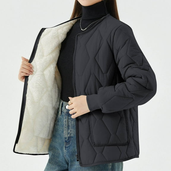 Fartey Plus Size Quilted Jackets for Women Loose Casual Long Sleeve Down Jackert Fall Winter Full Zip Warm Coat with Pockets Fashion Solid Color Thickened Outerwear