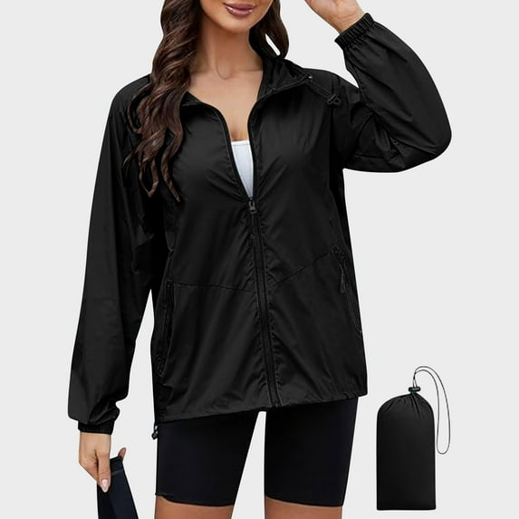 Fartey Plus Size Rain Jacket for Women Lightweight Waterproof Windbreaker Jacket Packable Long Sleeve Hooded Rain Coats with Pockets