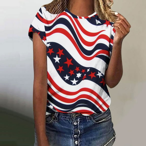 Fartey Plus Size Red White Blue Shirt for Women 4th of July Patriotic T Shirts Independence Day Short Sleeve Tops Trendy Stars Stripe Graphic Tees Multicolor L