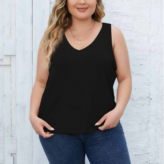 Fartey Plus Size Ribbed Tank Tops for Women Trendy Elegant V Neck Sleeveless Shirts Solid Color Summer Camis Top Soft Workout Tanks Black XXL