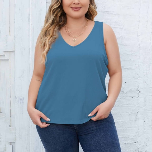 Fartey Plus Size Ribbed Tank Tops for Women Trendy Elegant V Neck Sleeveless Shirts Solid Color Summer Camis Top Soft Workout Tanks Blue XL