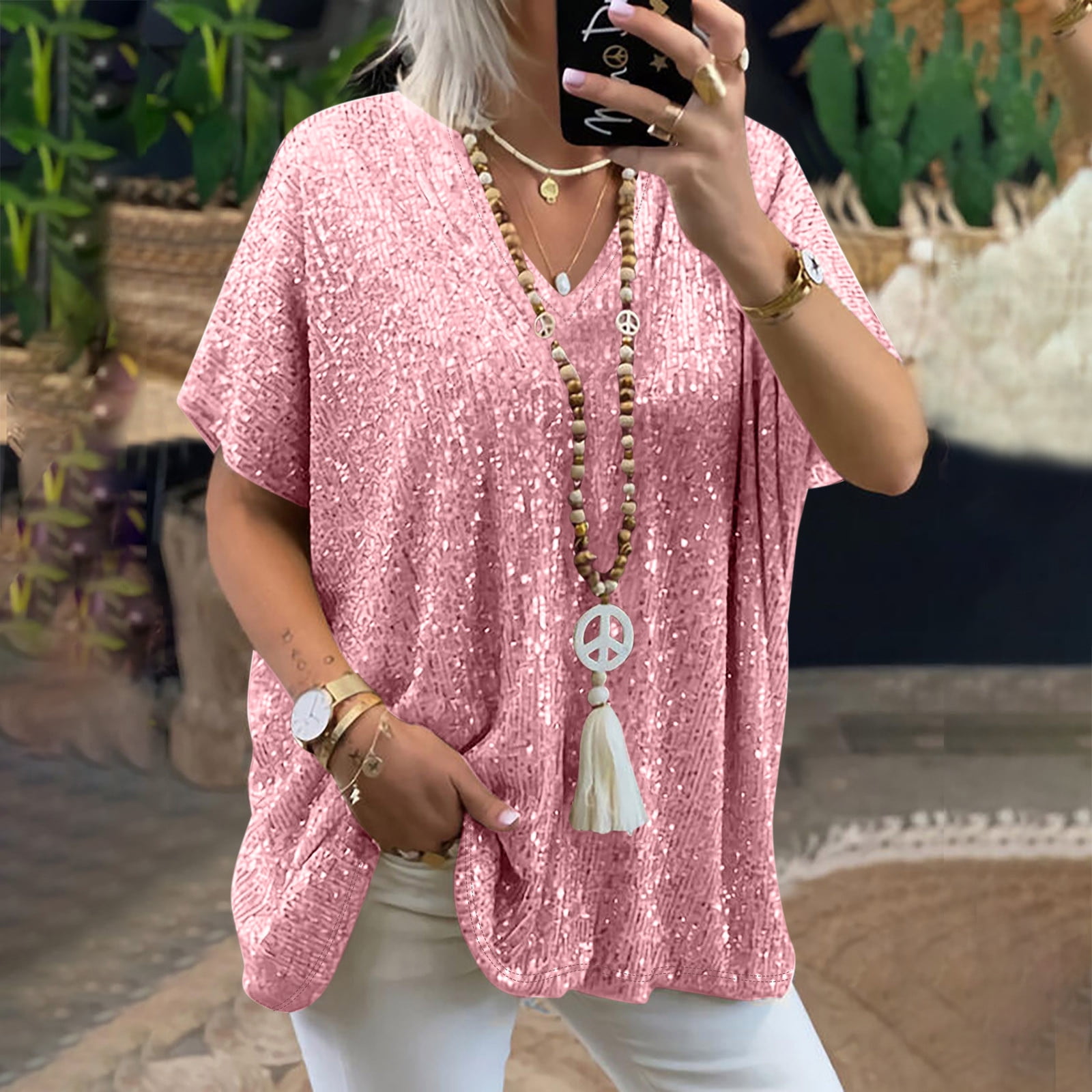 Plus Size Sequin Star Round Neck Short Sleeve T-Shirt
