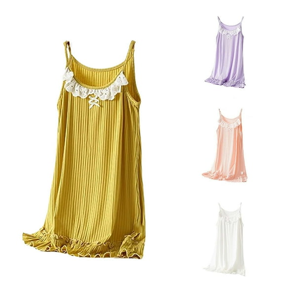 Fartey Plus Size Sleeveless Nightgown for Women Casual Spaghetti Strap Sleepwear Cute Lace Ruffle Hem Nightdress Soft Comfy Daily Pajama Dress White L
