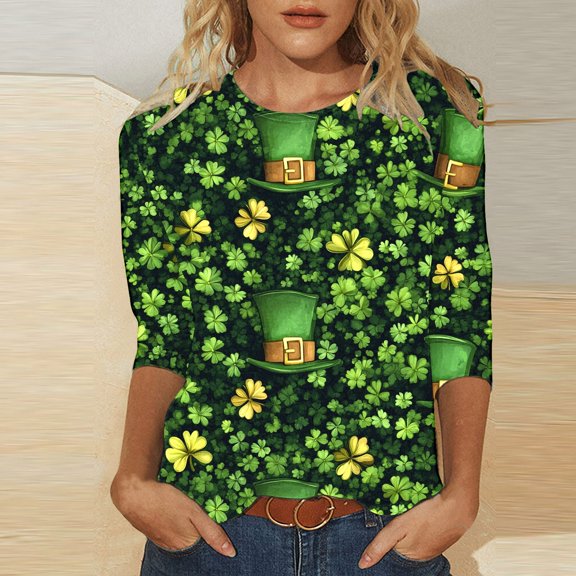 Fartey Plus Size St.Patrick's Shirts for Women 2025 Summer 3/4 Sleeve Tunic Tops Soft Comfy Crew Neck T Shirts Casual Loose Holiday Blouses Fashion Funny Shamrock Print Tees Multicolor S-5XL