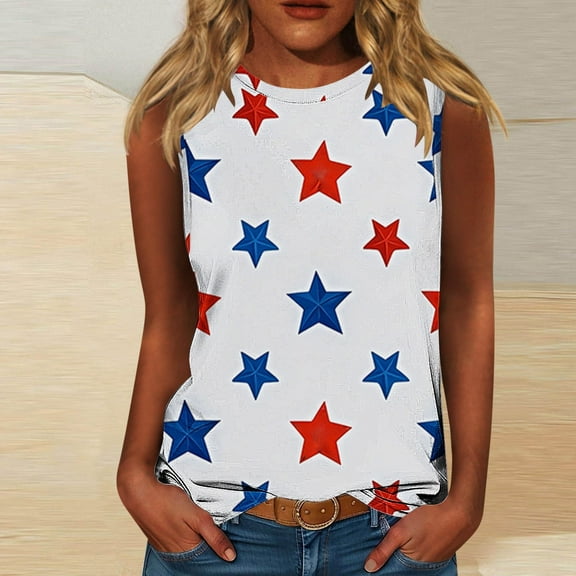 Fartey Plus Size Stars Graphic Tank Tops for Women 4th of July Crew Neck Sleeveless Shirt Independence Day Patriotic Tanks Loose Casual Holiday Camis Top Multicolor L