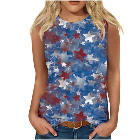 Fartey Plus Size Stars Print Tank Tops for Women Trendy 4th of July Sleeveless Shirts Slim Fit Summer Crew Neck Tunic Tanks Patriotic Blouses Blue S