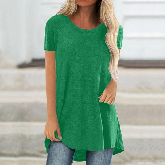 Fartey Plus Size Summer Blouses for Women Loose Fit Long Tunic Tops Dressy Casual Short Sleeve Crew Neck T Shirts Soft Comfy Solid Color Shirts Green XL