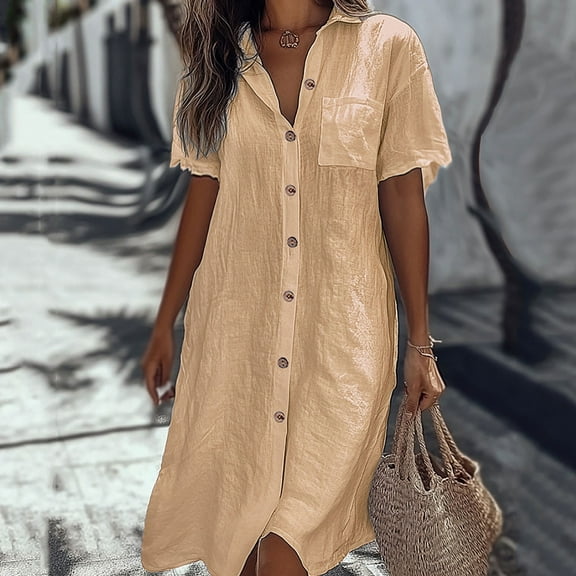 Fartey Plus Size Summer Cotton Linen Dresses for Women 2025 Casual Button Down Midi Shirts Dress Loose Flowy Solid Color Half Sleeve V Neck Knee Length Dress Yellow XL