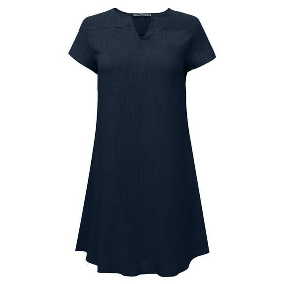 Fartey Plus Size Summer Cotton Linen Dresses for Women 2025 Loose Casual V Neck Short Sleeve Mini Dresse Lightweight Breathable Beach Vacation Dress Dark Blue M