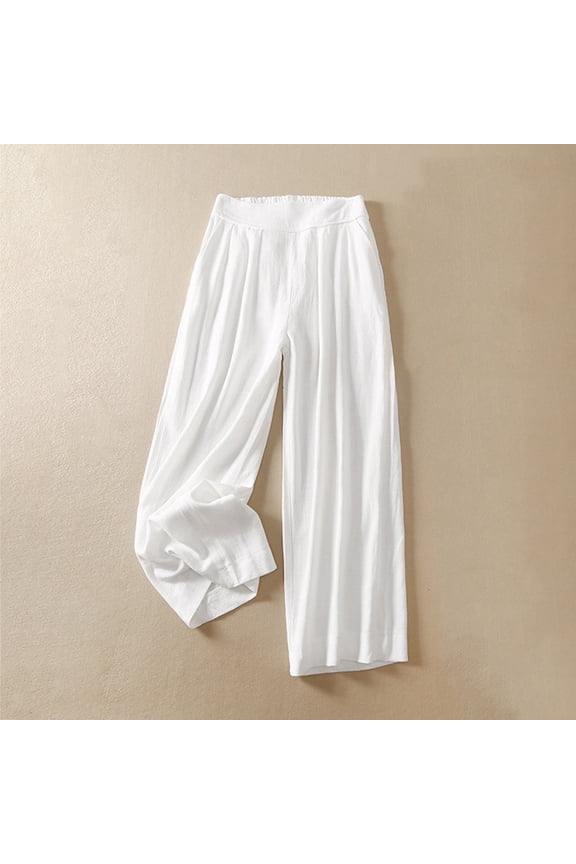 Plus Size Summer Cotton Linen Wide Leg Pants for Women Casual Flowy Solid Color Straight Leg Pant Elastic Waist Beach Palazzo Lounge Trousers with Pockets,4XL