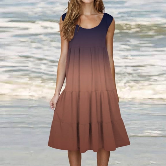 Fartey Plus Size Summer Dresses for Women 2025 Cute Petite Beach Dress Loose Flowy Sleeveless Crewneck Sundresses Fashion Tiered Gradient Print Beach Dress Coffee XXL