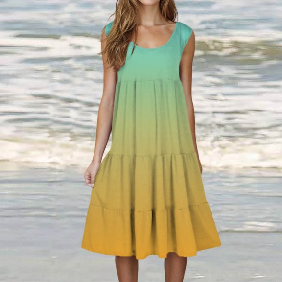 Fartey Plus Size Summer Dresses for Women 2025 Cute Petite Beach Dress Loose Flowy Sleeveless Crewneck Sundresses Fashion Tiered Gradient Print Beach Dress Gold XXXL