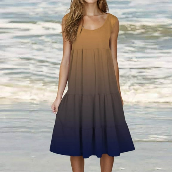 Fartey Plus Size Summer Dresses for Women 2025 Cute Petite Beach Dress Loose Flowy Sleeveless Crewneck Sundresses Fashion Tiered Gradient Print Beach Dress Dark Gray XXXXL