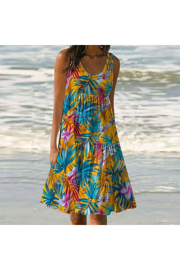 Plus Size Summer Dresses for Womens 2025 Tiered Midi Dress Loose Casual Sleeveless Crew Neck Beach Tank Dress Boho Floral Print Sundress Yellow S-5XL