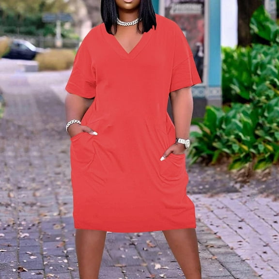 Fartey Plus Size Summer Dresses Womens Casual Loose Short Sleeve V Neck Midi Dress Solid Color Lightweight Beach Holiday Sundress with Pockets
