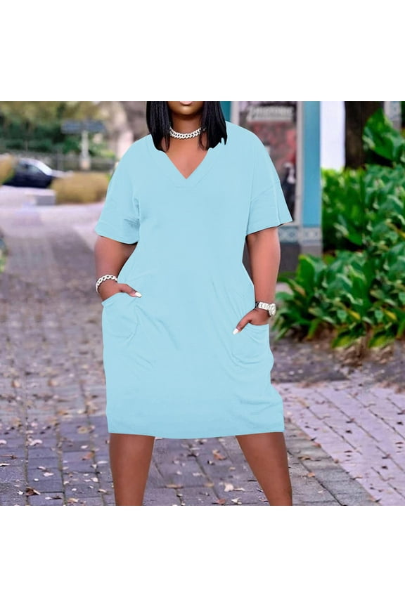Plus Size Summer Dresses Womens Casual Loose Short Sleeve V Neck Midi Dress Solid Color Lightweight Beach Holiday Sundress with Pockets