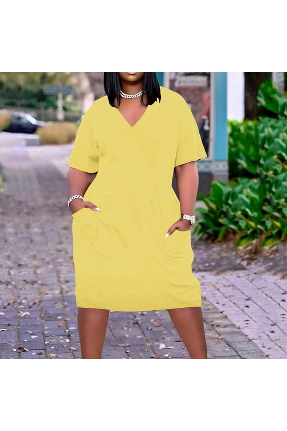 Plus Size Summer Dresses Womens Casual Loose Short Sleeve V Neck Midi Dress Solid Color Lightweight Beach Holiday Sundress with Pockets