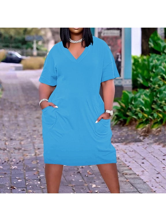 Plus Size Dresses for Women 2024 Summer Casual Short Sleeve V Neck Midi Dress Fashion Solid Color Knee Length Dress with Pockets Beach Vacation Sundress Blue XL