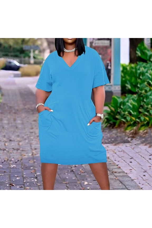 Plus Size Summer Dresses Womens Casual Loose Short Sleeve V Neck Midi Dress Solid Color Lightweight Beach Holiday Sundress with Pockets