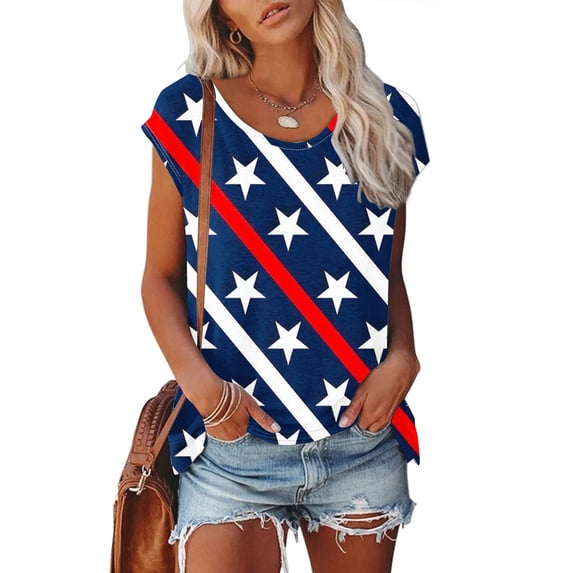 Fartey Plus Size Summer Shirt for Women Trendy Stars Stripe Graphic Tees 4th of July Cap Sleeve Tops Independence Day Crew Neck T Shirts Gifts Clothes Blue L
