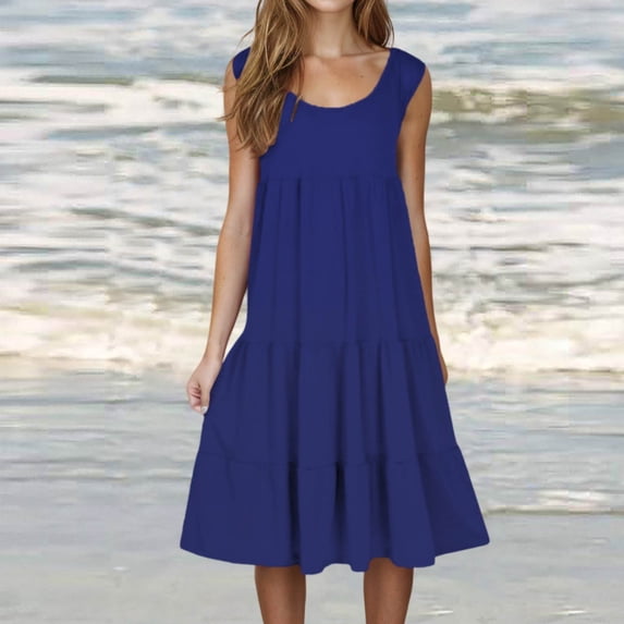 Fartey Plus Size Summer Tank Dresses for Women 2025 Sleeveless Crew Neck Sundress Fashion Solid Color Midi Dress Flowy Tiered Swing Beach Vacation Dress Dark Blue XXXXL