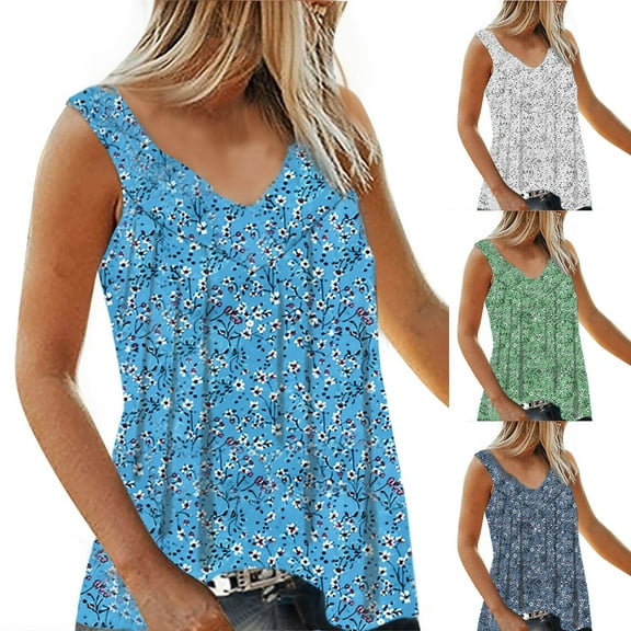 Fartey Plus Size Summer Tank Tops for Women Cute Boho Floral Top Loose Casual V Neck Sleeveless Shirt Lightweight Flowy Beach Vacation Tanks Trendy Clothing Light Blue XXXL