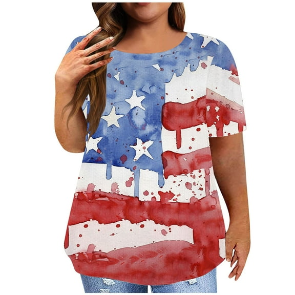 Fartey Plus Size Summer Tops for Women 4th of July Short Sleeve Shirt American Flag Print T Shirts Independence Day Crew Neck Tees Dressy Casual Festival Blouses White XL