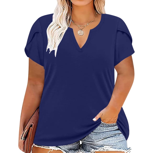 Fartey Plus Size Summer Tops for Women Trendy Petal Short Sleeve V Neck Shirt Basic Solid Color T Shirts Loose Comfy Holiday Blouses Navy XXXXXL