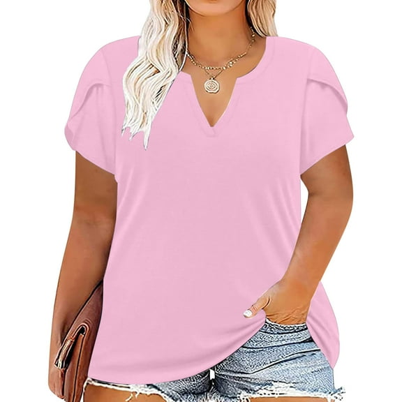 Fartey Plus Size Summer Tops for Women Trendy Petal Short Sleeve V Neck Shirt Basic Solid Color T Shirts Loose Comfy Holiday Blouses Pink XL