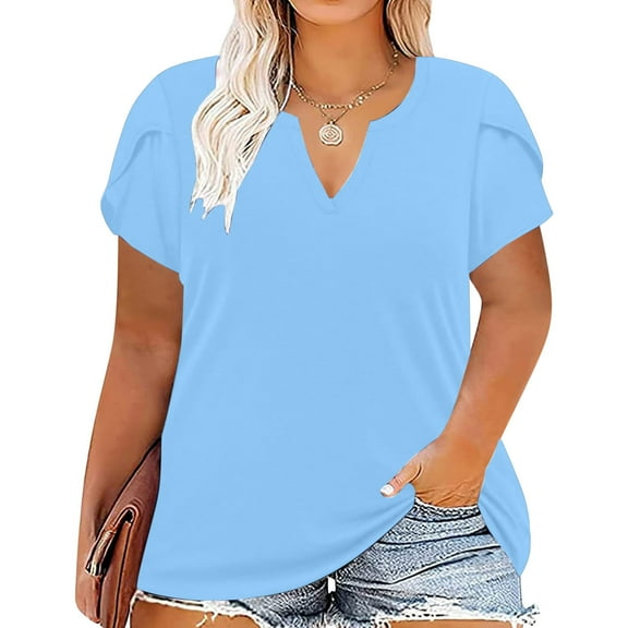 Fartey Plus Size Summer Tops for Women Trendy Petal Short Sleeve V Neck Shirt Basic Solid Color T Shirts Loose Comfy Holiday Blouses Sky Blue XL