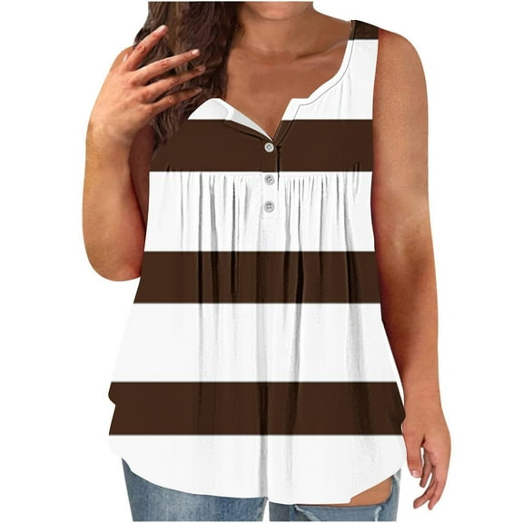 Fartey Plus Size Tank Tops for Women Trendy Striped Colorblock Print Sleeveless Tanks Dressy Casual Button Up V Neck Camis Top Loose Flowy Pleated Camisoles Brown L