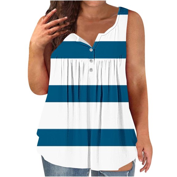 Fartey Plus Size Tank Tops for Women Trendy Striped Colorblock Print Sleeveless Tanks Dressy Casual Button Up V Neck Camis Top Loose Flowy Pleated Camisoles Navy XXXL