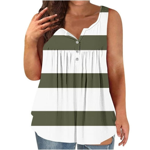 Fartey Plus Size Tank Tops for Women Trendy Striped Colorblock Print Sleeveless Tanks Dressy Casual Button Up V Neck Camis Top Loose Flowy Pleated Camisoles Army Green L