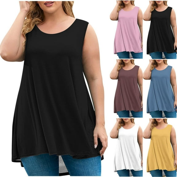 Fartey Plus Size Tank Tops for Women 2025 Dressy Casual Sleeveless Shirts Lightweight Breathable Summer Crew Neck Tanks Loose Flowy Tunic Top White L