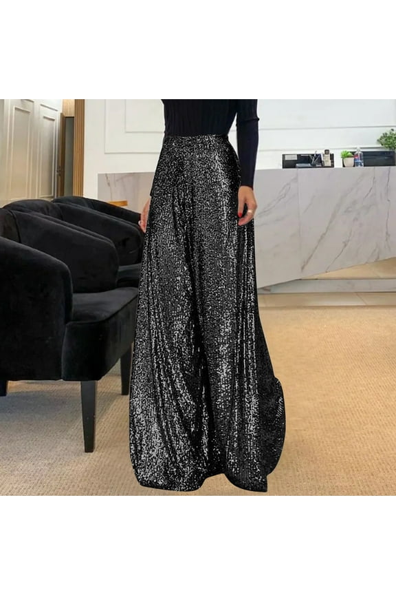 Plus Size Trendy Sequin Straight Wide Leg Leg Pants for Women Summer Dressy Casual Party Pants Elastic High Waist Tummy Control Palazzo Lounge Trousers,Black,3XL-5XL