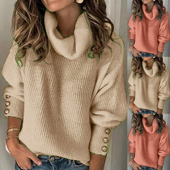 Fartey Plus Size Turtleneck Sweaters for Women Oversized Fall Long Sleeve Crewneck Pullover Sweater with Button Fashion Solid Color Ribbed Knit Sweaters Wine 2XL