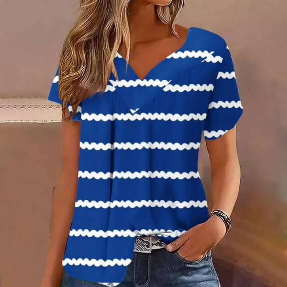 Fartey Plus Size V Neck Tops for Women Trendy Striped Print Short Sleeve T Shirts Loose Fit Daily Tees Soft Lightweight Summer Casual Blouses Blue S-5XL
